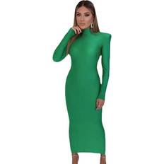 Xusheng L, green Women's Wide Shoulder Bodycon Dress Formal Long Sleeve Mock Neck Smooth Fitted Shoulder Pad Maxi Party Dress