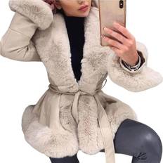 Xusheng 5xl, Beige Women Leather Jacket Coat Fur Faux Long Sleeve Slim Fit Plush Collar Warm Cardigan Fall Winter Outwear