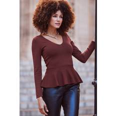 Sosandar Womens Chocolate Brown Peplum Hem Fine Knit Top