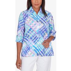 Alfred Dunner Women's Classic Brights Lattice Plaid Button Down Top Turquoise