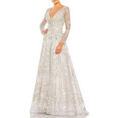 Mac Duggal Women's Embellished Wrap Over Illusion Long Sleeve Line Gown Pastel multi