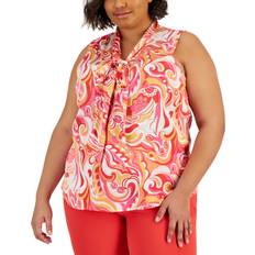 Tahari Asl Plus Printed Sleeveless Bow Blouse Pink Swirl