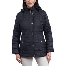 London Fog Women's Hooded Quilted Water-Resistant Coat Black