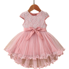 Shein Baby Girl Spring & Summer Pattern Embroidery Mesh Stitching Front Short And Back Long Dress