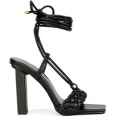 XY London 'Mira' Woven Strap Lace Up Strappy Block Square Toe Heels Black