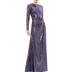 Mac Duggal Sequined High Neck Long Sleeve Draped Gown - Dark Amethyst