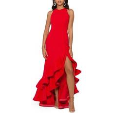 Betsy & Adam Ruffle Halter Crepe Gown