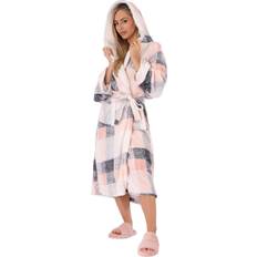 Pink Sleepwear Dreamscene Check Hooded Dressing Gown Fleece Bathrobe Unisex - Blush Pink