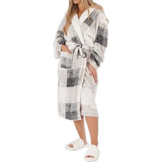 Grey - Men Sleepwear Dreamscene Check Hooded Dressing Gown Fleece Bathrobe Unisex - Silver Grey