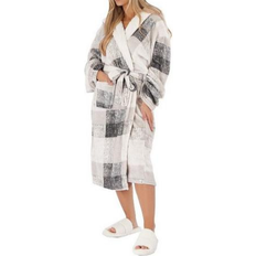 Dreamscene Check Hooded Dressing Gown Fleece Bathrobe Unisex - Silver Grey