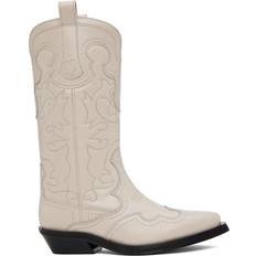 Ganni Mid Shaft Embroidered Western Boots - Egret