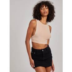 Beige Tank Tops Sleeveless Slinky Crop Top Stone