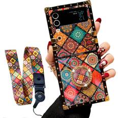 Case for Galaxy Z Flip 4 2022 Cute Girls Women Square Cover with Ring Stand Retro Flower Pattern Metal Reinforced Corners Shockproof Protective Phone Case for Samsung Galaxy Z Flip 4 5G Mandala