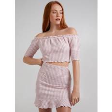 Beige - Women Blouses Frill Detail Gingham Bardot Top Pink