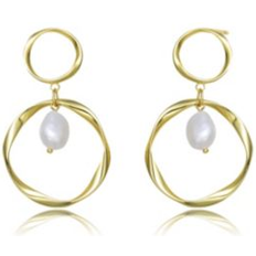 Genevive Classy Sterling Silver 14K Gold Plating and Freshwater Pearl DanglingEarrings Gold