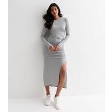 Solid Colours Dresses New Look Grey Ribbed Ruched Side Split Midi Dress