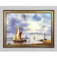 Longshore Tides Preparing To Dock Boat Illustration Gold Framed Art 118.9x84.1cm