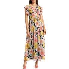 Donna Ricco Flutter-Sleeve Printed Chiffon Maxi Dress Black Multi