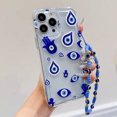 Shein Ins White Flower & Blue Evil Eye Design Air Cushion Phone Case With Eyelet Strap for iPhone
