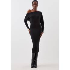 Karen Millen Viscose Blend Knit Asymmetric Neck Midi Dress Black