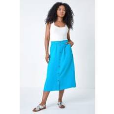 Turquoise - Women Skirts Roman Petite Linen Blend Button Midi Skirt Turquoise