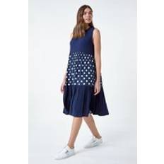 Blue - Short Dresses Roman Polka Dot Print Panel Smock Dress Navy