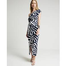 Clothing River Island Womens Navy Animal Print Drape Bodycon Midi Dress