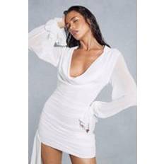 Misspap Chiffon Cowl Collared Draped Skirt Mini Dress White