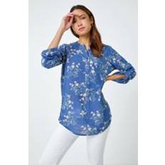 Beige Shirts Roman Cotton Floral Print Overshirt Blue