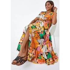 Clothing Roman Tropical Print Frilled Hem Maxi Dress Orange