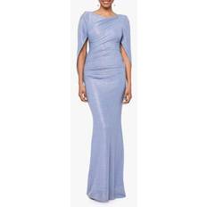 Betsy & Adam Petite Metallic Crinkled Cape Gown Blue/Silver