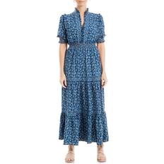 Max Studio Floral Short Sleeve Tiered Dress in Navy/Cream