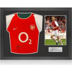 Arsenal FC Sports Fan Products Exclusive Memorabilia Dennis Bergkamp Front Signed Original 2002-04 Arsenal Football Shirt. Icon Frame