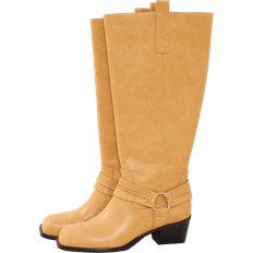 PrettyLittleThing Camel Pu Square Toe Buckle Detail Knee High Boots - Butterscotch