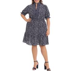 London Times Floral Short Sleeve Smocked Dress in Navy/White