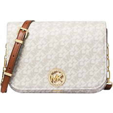 White Crossbody Bags Michael Kors Delancey Medium Empire Signature Logo Messenger Bag - Vanilla/Luggage