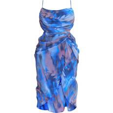 PrettyLittleThing Plus Abstract Print Chiffon Ruched Drape Midi Dress - Blue
