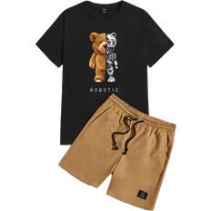 Shein Manfinity EMRG Men's Knitted Short Sleeve Bear & Letter Printed T-Shirt And Woven Shorts 2pcs/Set