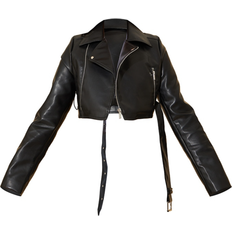 Leather Jackets - M - Women PrettyLittleThing Faux Leather Super Cropped Belted Biker Jacket - Black