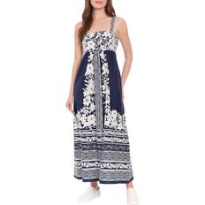 London Times Women's Floral Smocked Square-Neck Dress Navy/ivory