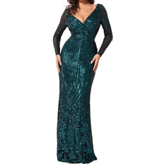 Sequins Clothing Goddiva Long Sleeve Sequin V Wrap Maxi Dress - Emerald Green