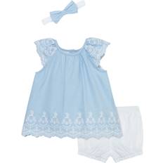 Little Me Eyelet Dress, Bloomers & Headband Set in White/Blue 12M