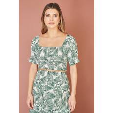 Green Blouses Yumi Cotton Leaf Print CropTop, Green