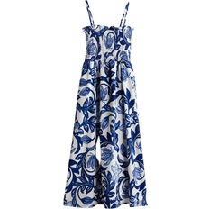 Elastane/Lycra/Spandex - Florals - Knee Length Dresses H&M Smocked-Bodice Dress - White/Blue Floral