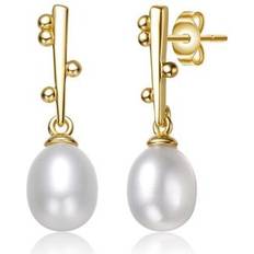 Genevive Sterling Silver 14k Yellow Gold Plated with White Freshwater Pearl Linear Stick Earrings Gold