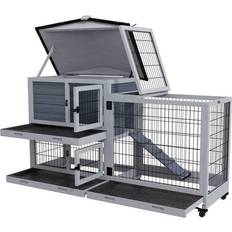 Pawhut Rabbit Hutch w/ Wheels Three Slide-Out Trays Large