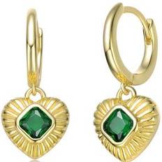 Genevive GiGiGirl Teens Sterling Silver 14k Gold Plated with Emerald Cubic Zirconias Dangle Heart Huggie Hoop Earrings Gold 21