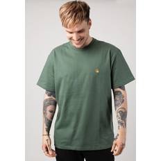 Gold - Men T-shirts Carhartt WIP Mens Duck Green Gold Chase Logo-embroidered Relaxed-fit Cotton-jersey T-shirt