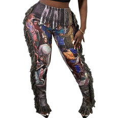 Shein Slayr Women's Fashionable High-Waisted Straight Trousers With Tassel Design In Oil Painting Printed Fabric