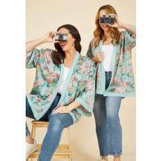 Green Capes & Ponchos Mela London Womens Green Floral Satin Kimono